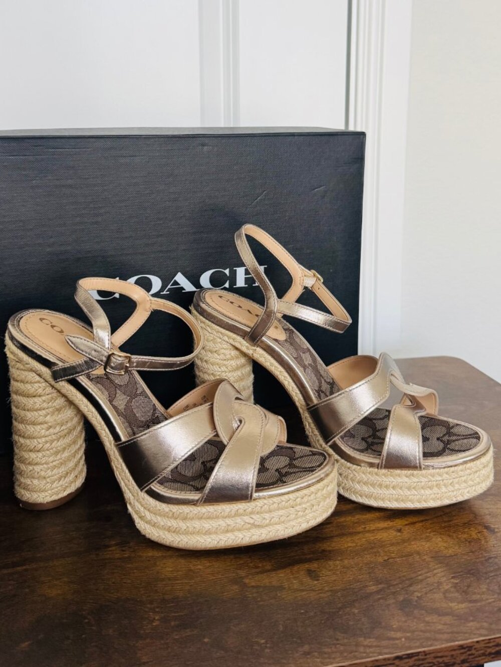 Coach Rose Gold Metallic Espadrille Platform Sandals Size 9